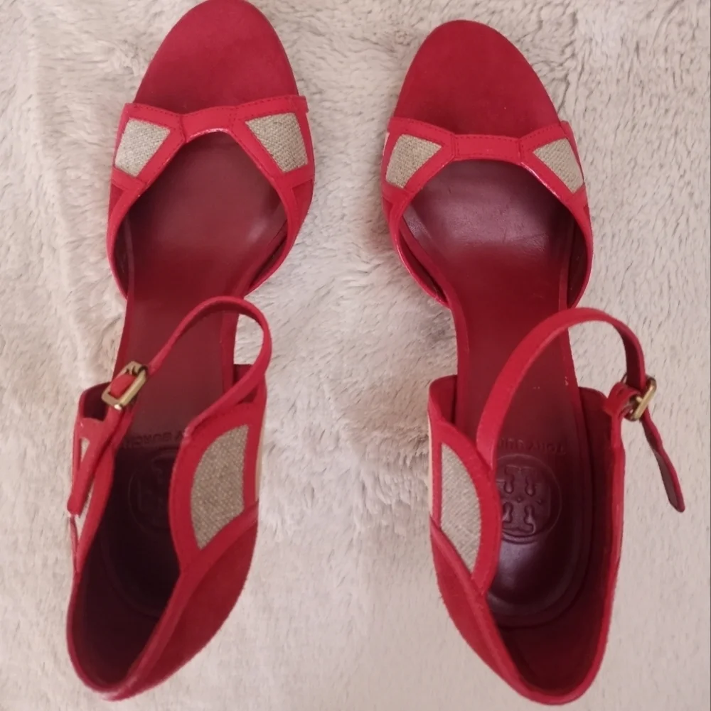Tory Burch Suede Red Volcan Tan Tweed Art Deco Ankle Strap Heel 9.5 NWT